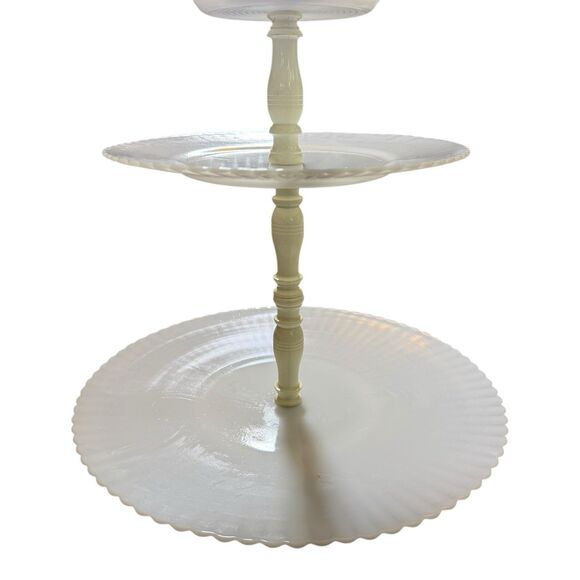 Depression MacBeth Evans Glass Petalware Monax White 3 Tiered Tidbit Server - Picture 9 of 11